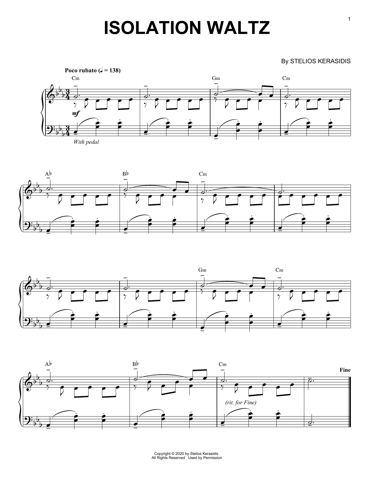 Stelios Kerasidis Isolation Waltz sheet music notes and chords arranged for Piano Solo