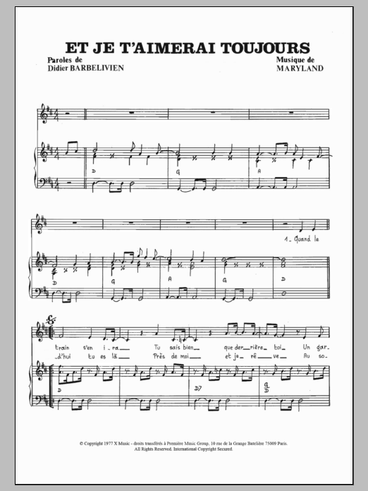 Stephan Forman Et Je T'aimerai Toujours sheet music notes and chords arranged for Piano & Vocal