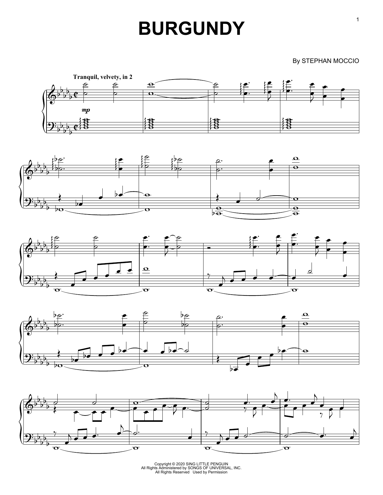 Stephan Moccio Burgundy sheet music notes and chords arranged for Piano Solo