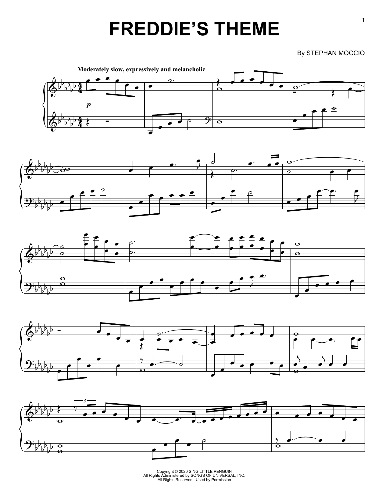 Stephan Moccio Freddie's Theme sheet music notes and chords arranged for Piano Solo