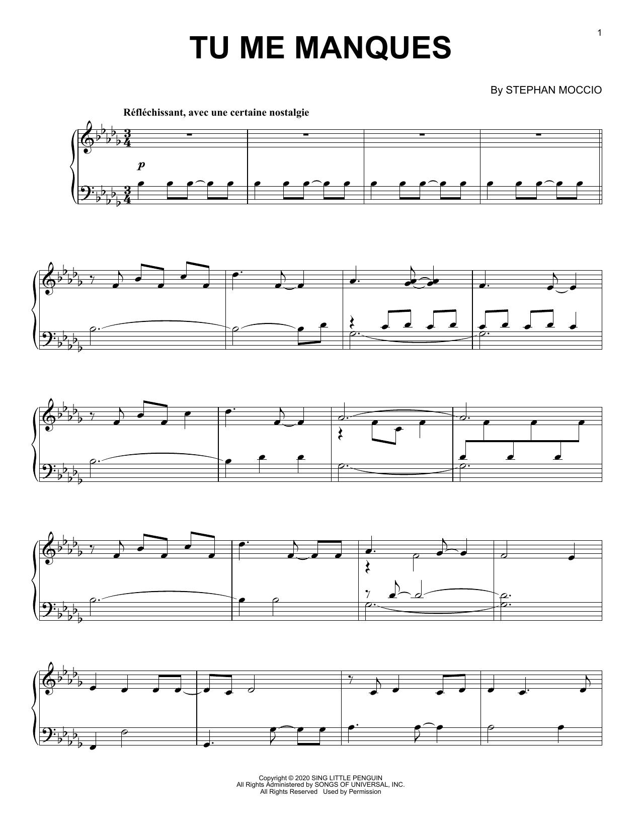 Stephan Moccio Tu Me Manques sheet music notes and chords arranged for Piano Solo