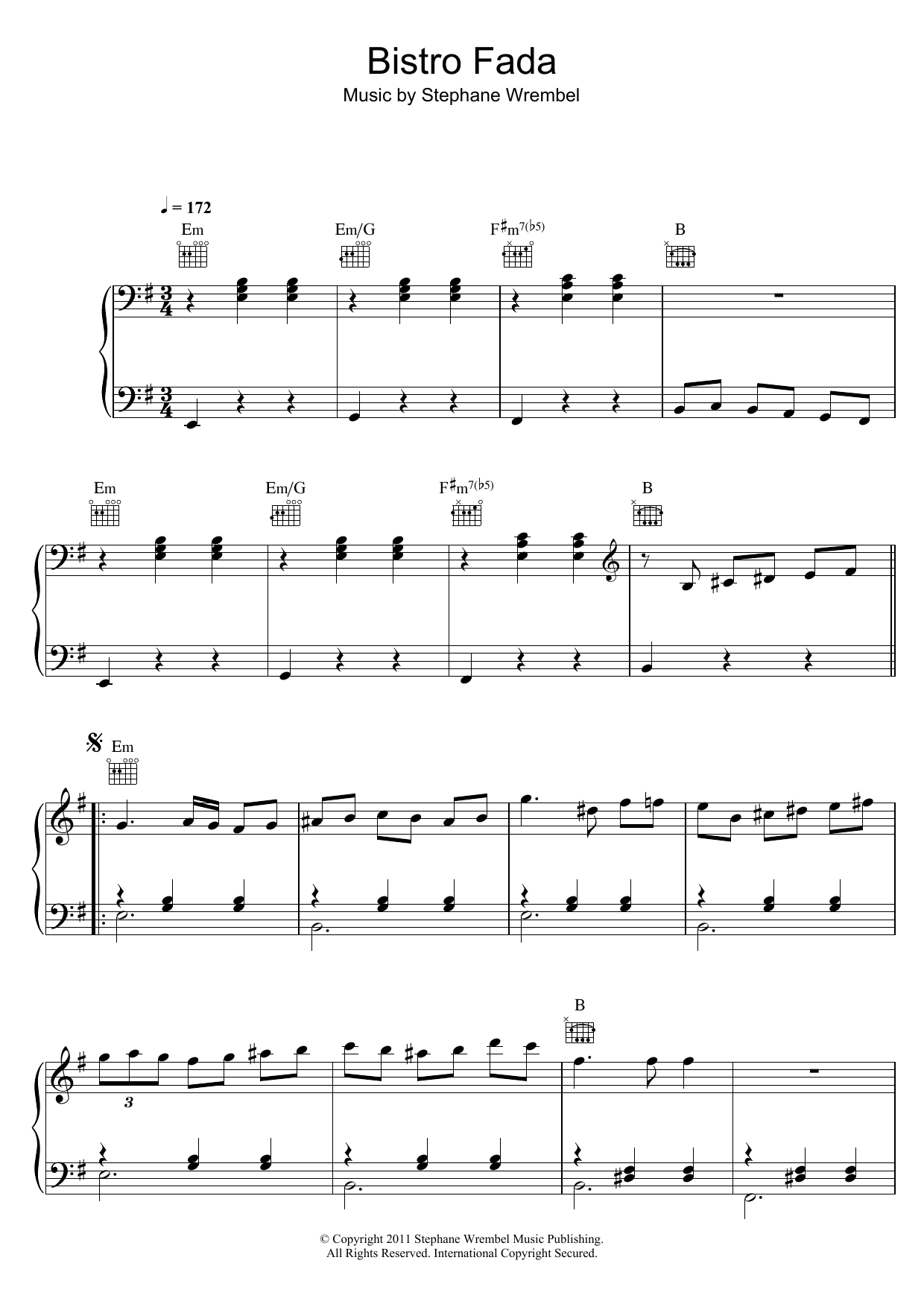 Stephane Wrembel Bistro Fada (from 'Midnight In Paris') sheet music notes and chords arranged for Piano Solo