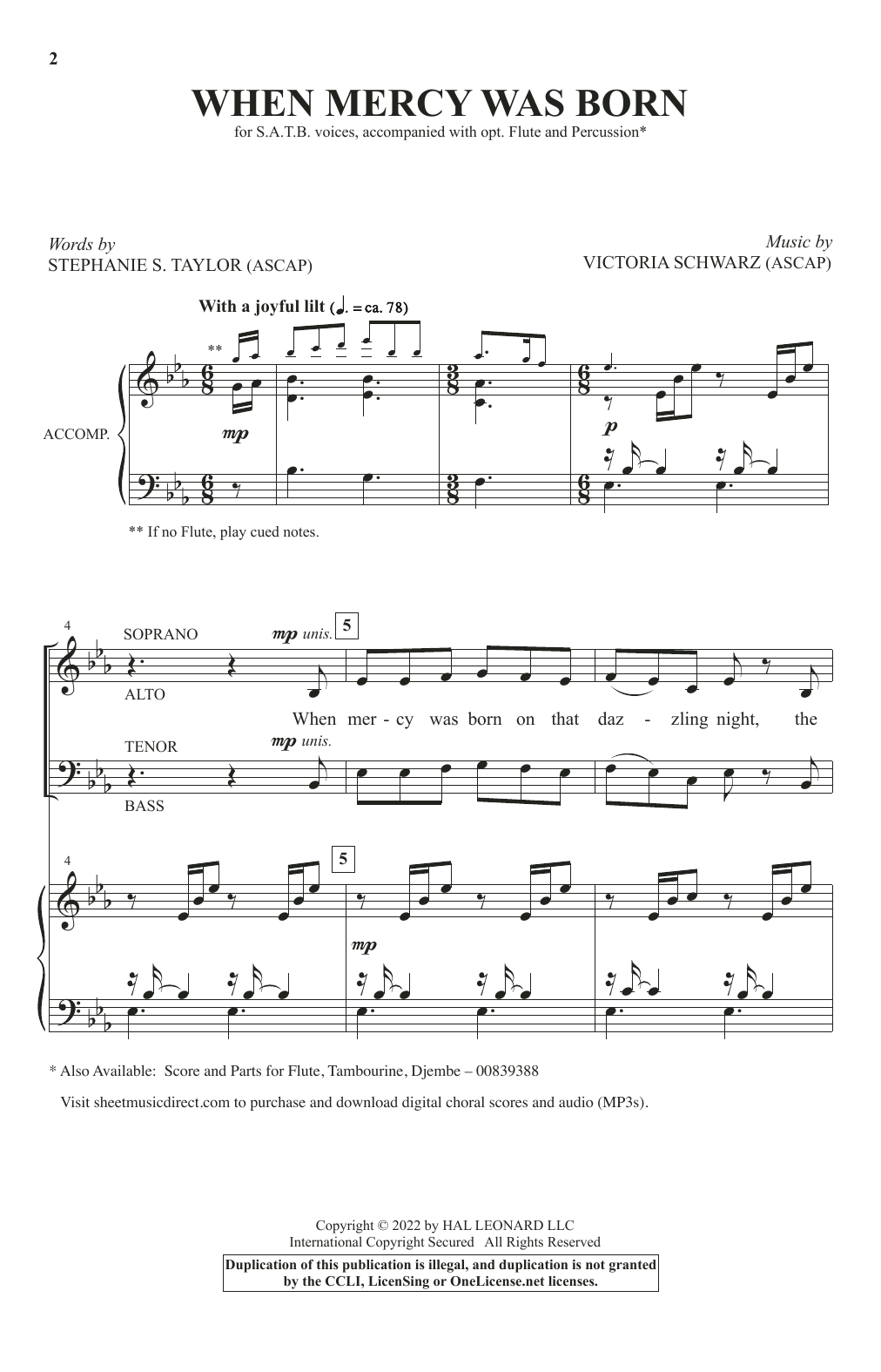 Stephanie S. Taylor and Victoria Schwartz When Mercy Was Born sheet music notes and chords arranged for SATB Choir
