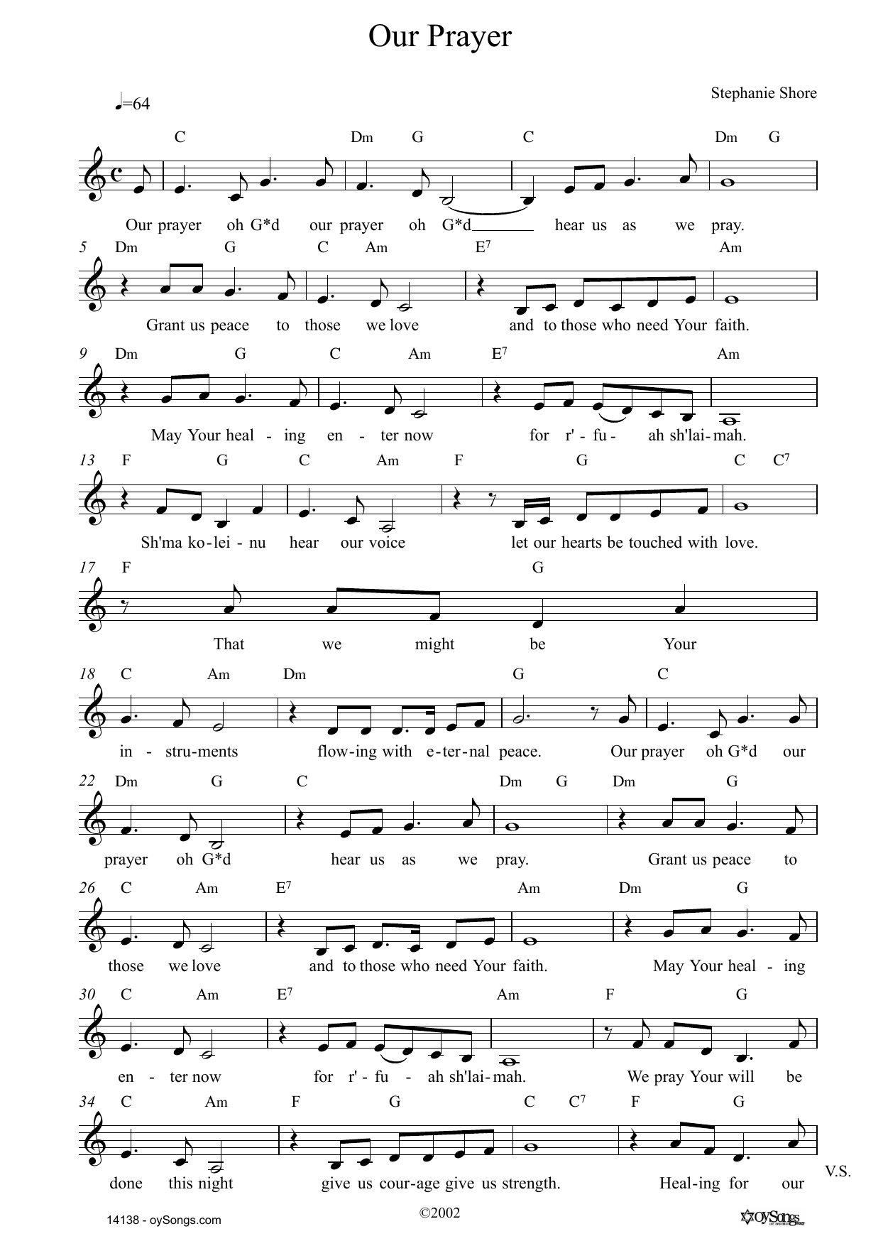 Stephanie Shore Our Prayer sheet music notes and chords arranged for Lead Sheet / Fake Book