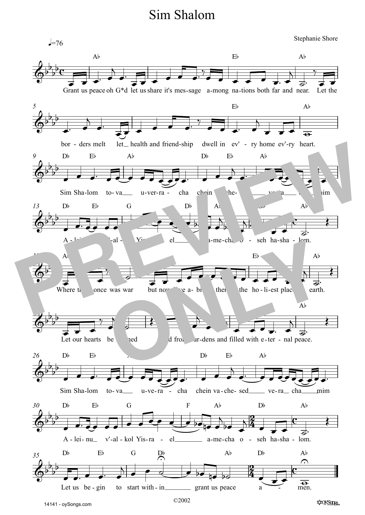 Stephanie Shore Sim Shalom sheet music notes and chords arranged for Lead Sheet / Fake Book