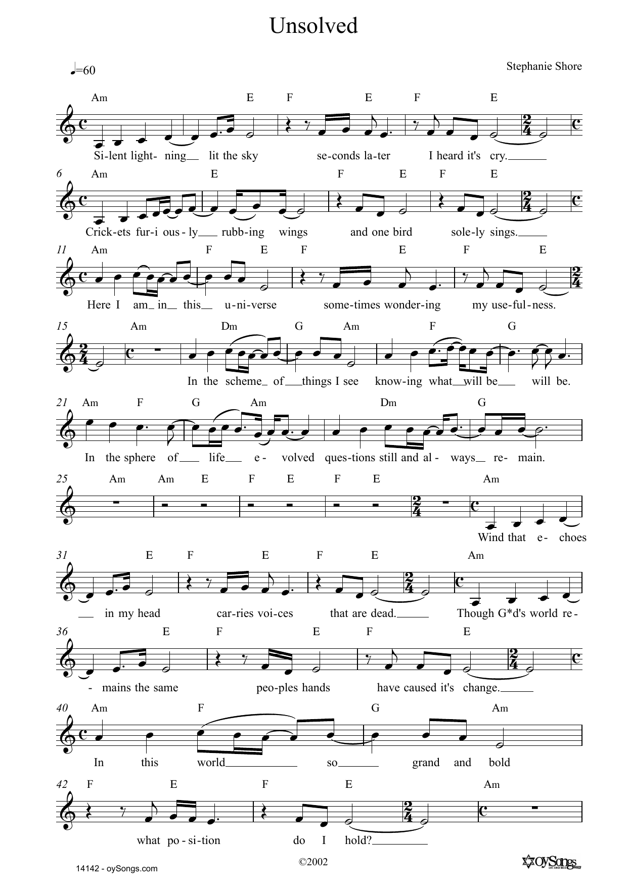 Stephanie Shore Unsolved sheet music notes and chords arranged for Lead Sheet / Fake Book