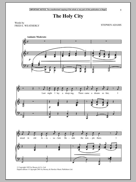 Stephen Adams The Holy City sheet music notes and chords arranged for Piano & Vocal