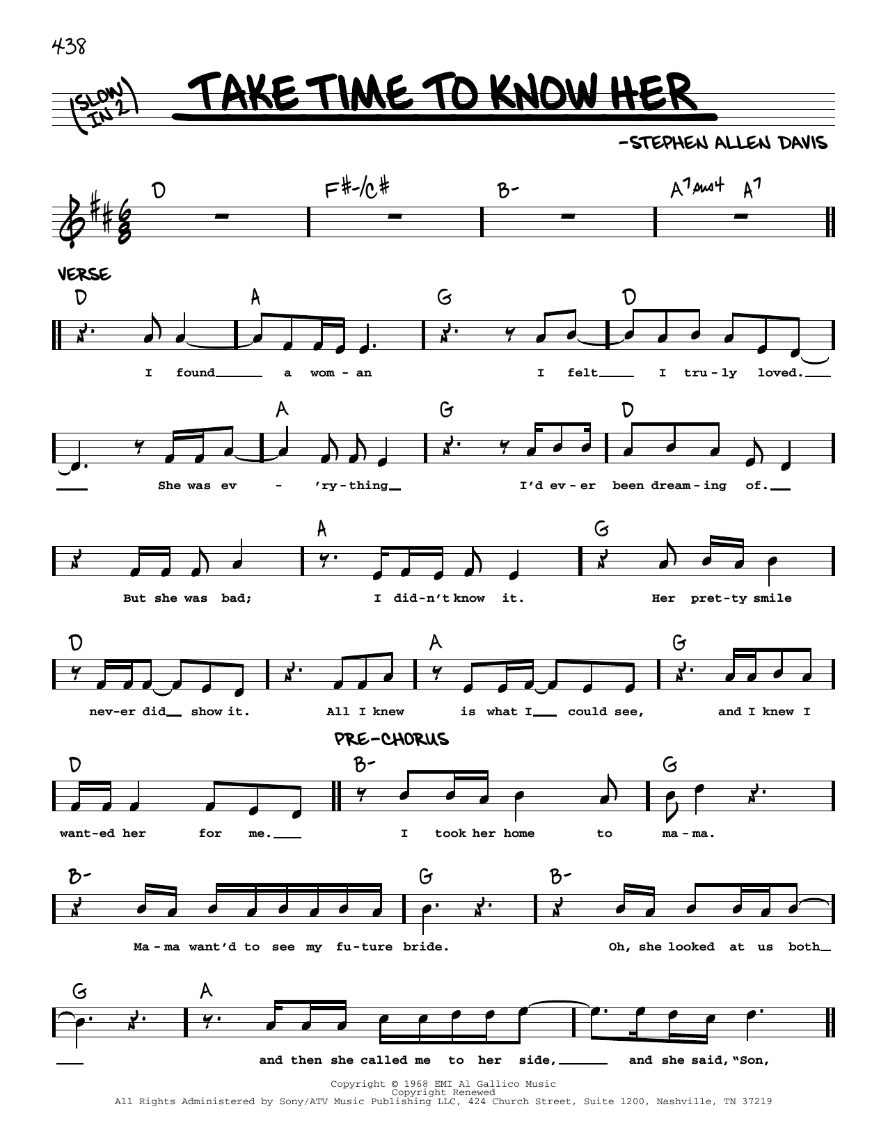 Stephen Allen Davis Take Time To Know Her sheet music notes and chords arranged for Real Book – Melody & Chords