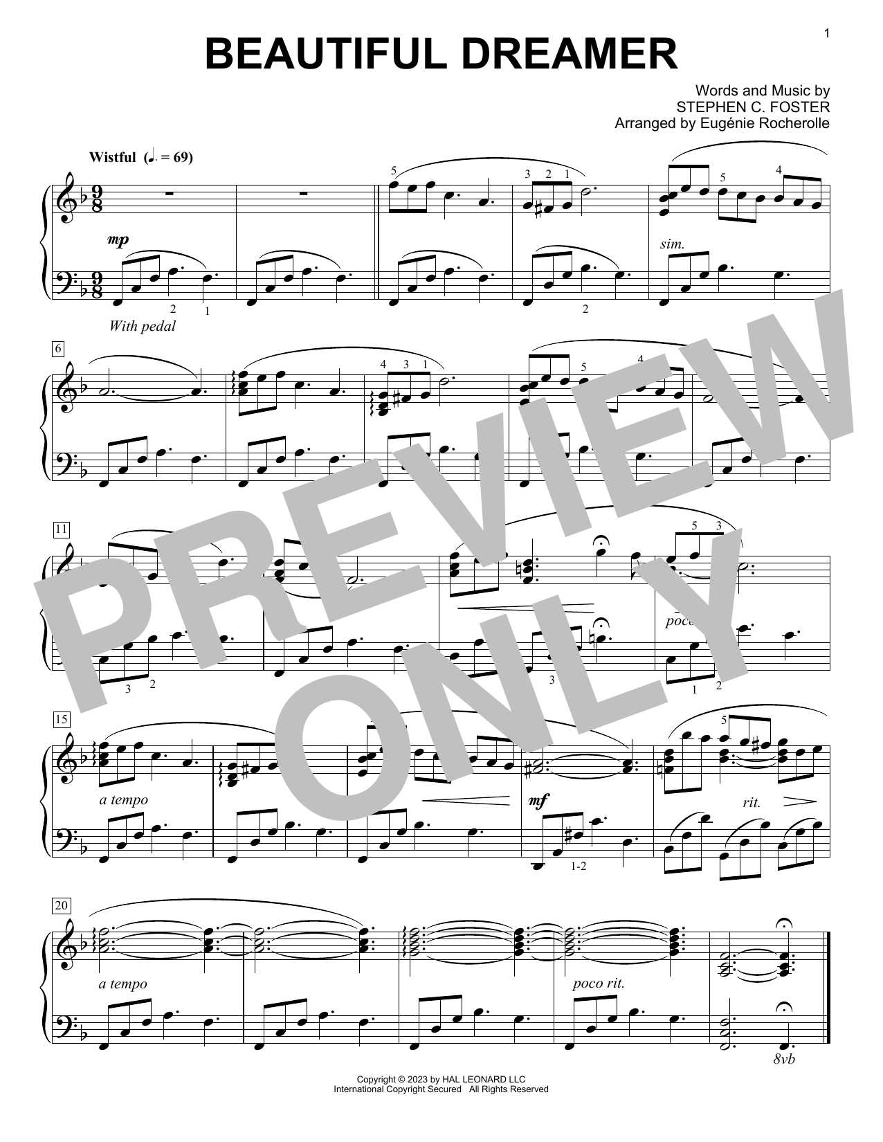Stephen C. Foster Beautiful Dreamer (arr. Eugénie Rocherolle) sheet music notes and chords arranged for Piano Solo