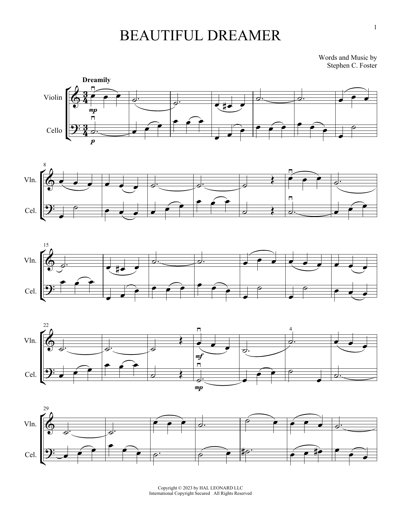 Stephen C. Foster Beautiful Dreamer (arr. Michelle Hynson) sheet music notes and chords arranged for Instrumental Duet