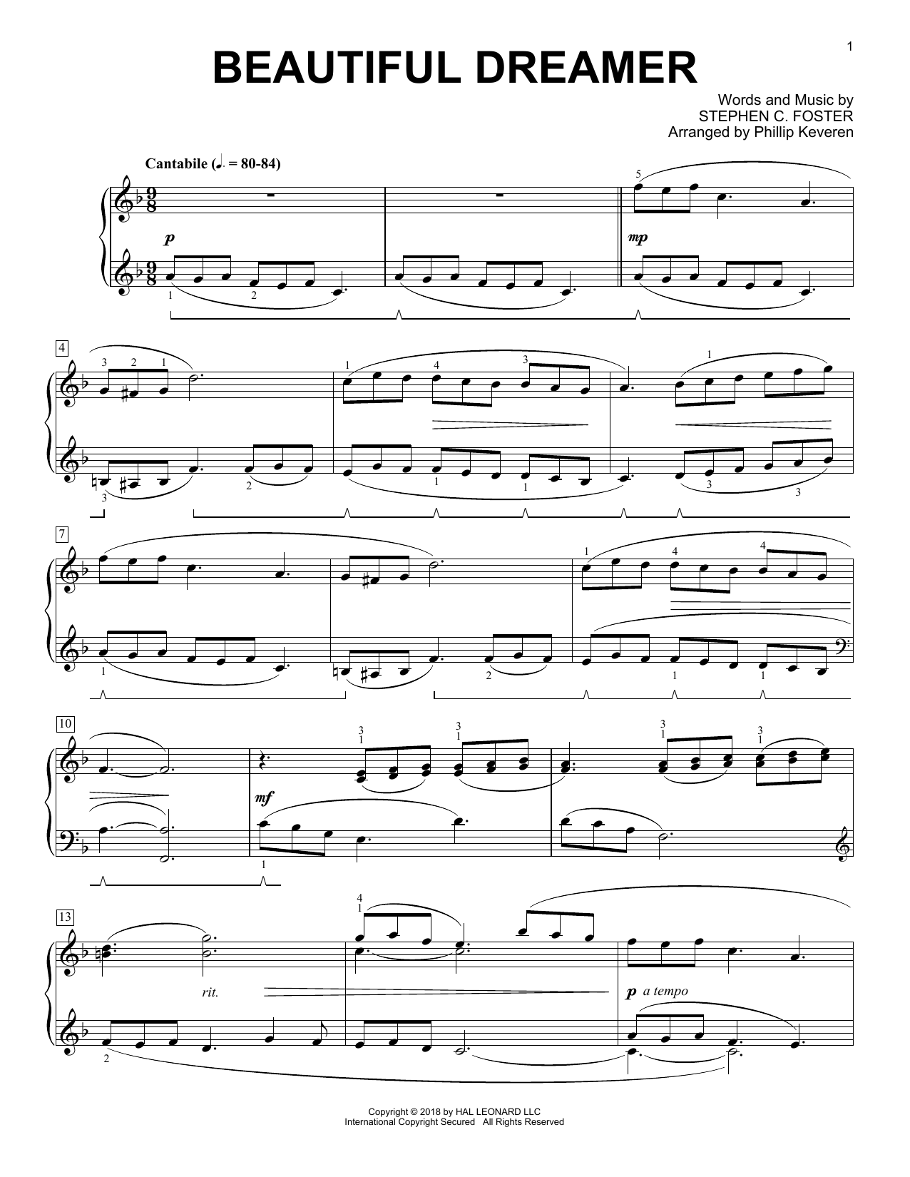 Stephen C. Foster Beautiful Dreamer [Classical version] (arr. Phillip Keveren) sheet music notes and chords arranged for Piano Solo