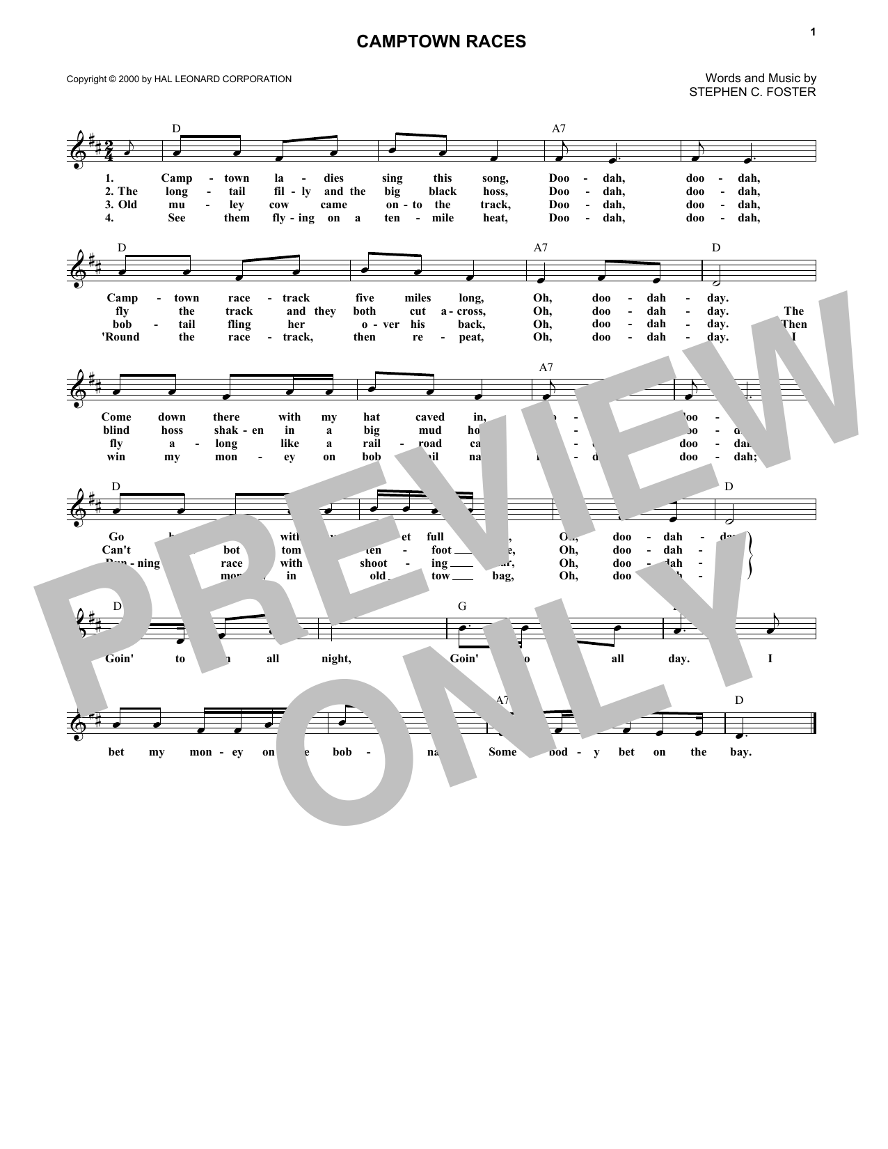 Stephen C. Foster Camptown Races sheet music notes and chords arranged for Lead Sheet / Fake Book