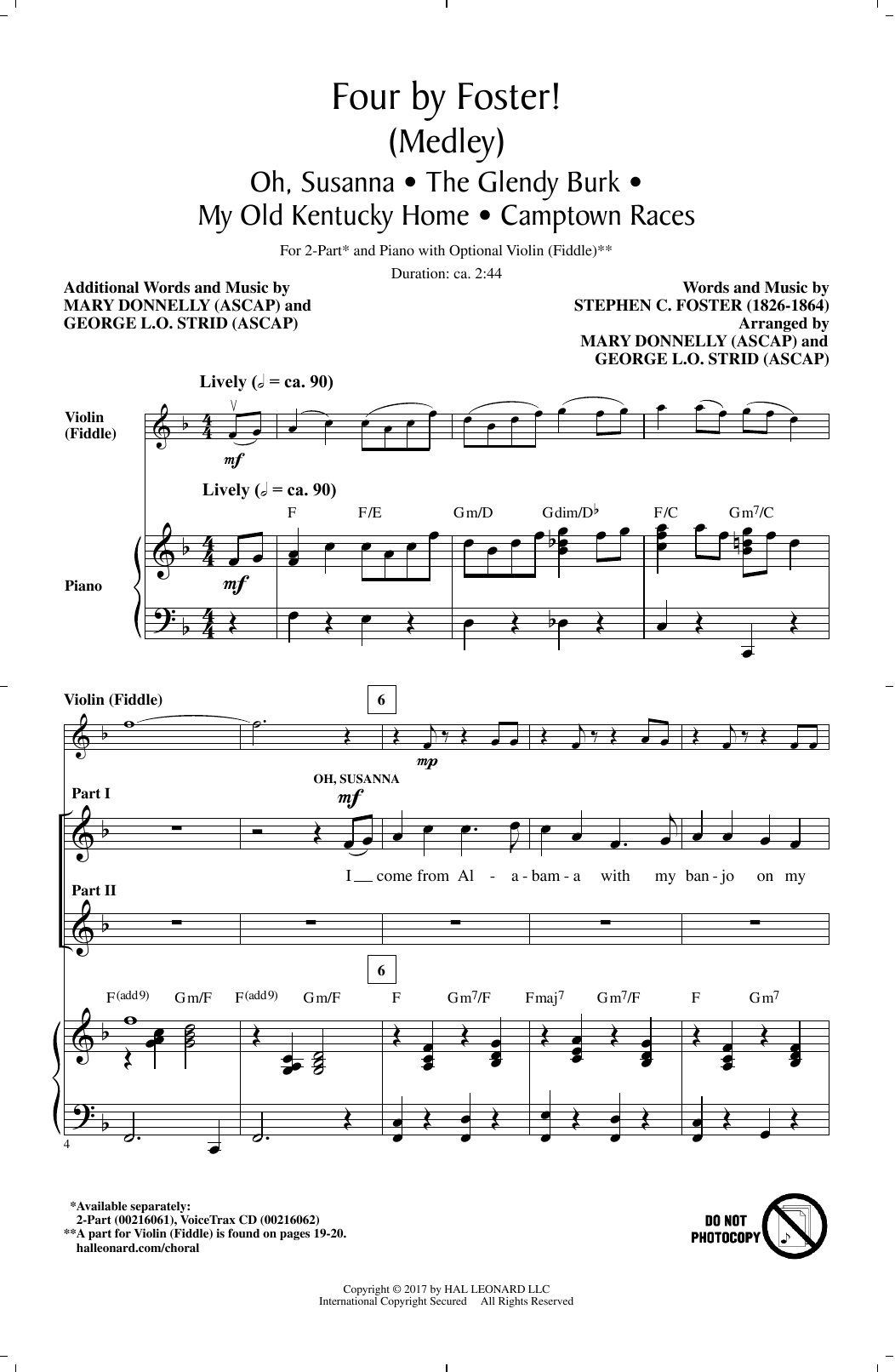 Stephen C. Foster Four by Foster! (Medley) (arr. Mary Donnelly and George L.O. Strid) sheet music notes and chords arranged for 2-Part Choir
