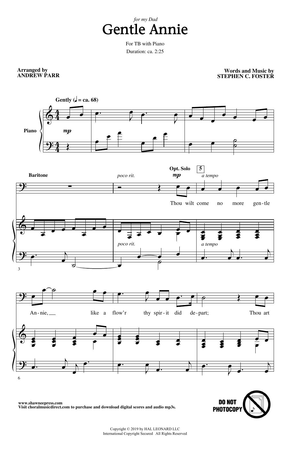 Stephen C. Foster Gentle Annie (arr. Andrew Parr) sheet music notes and chords arranged for TB Choir