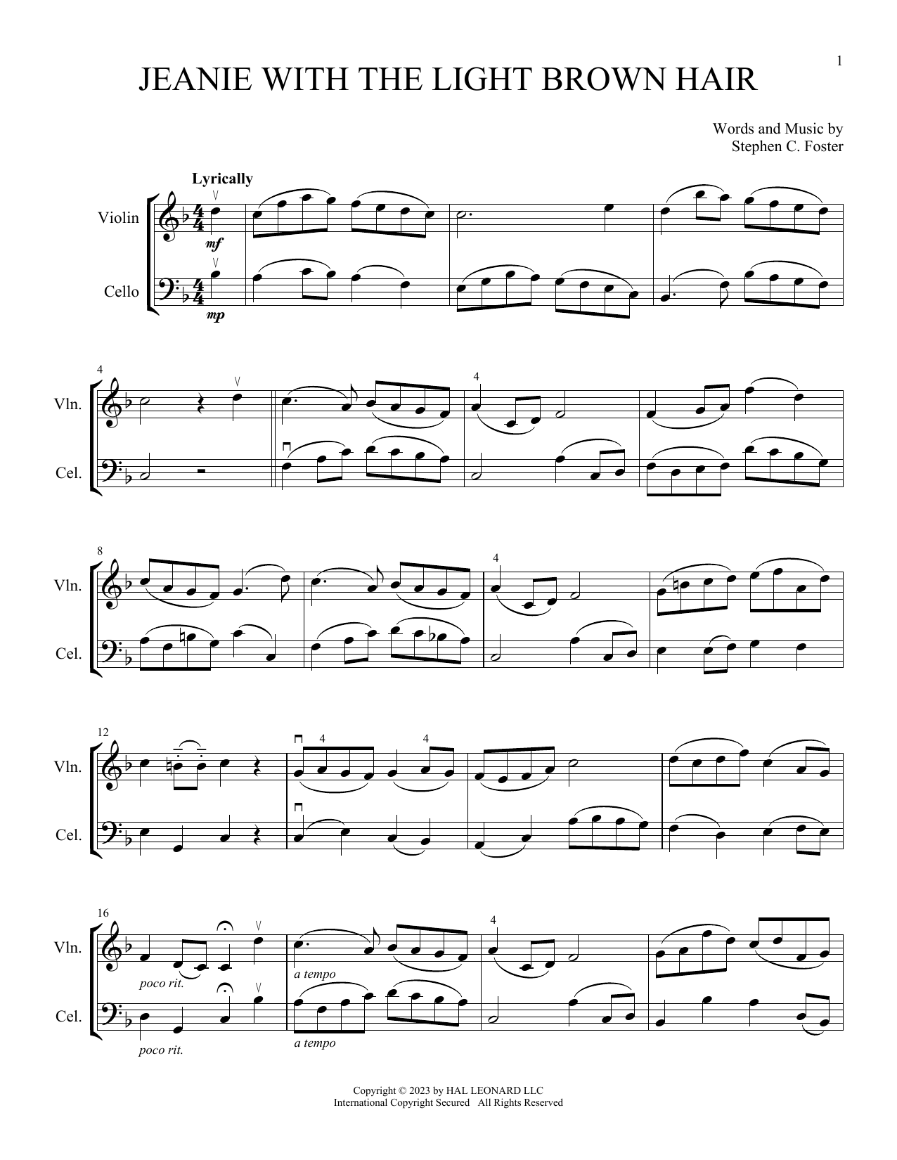 Stephen C. Foster Jeanie With The Light Brown Hair (arr. Michelle Hynson) sheet music notes and chords arranged for Instrumental Duet