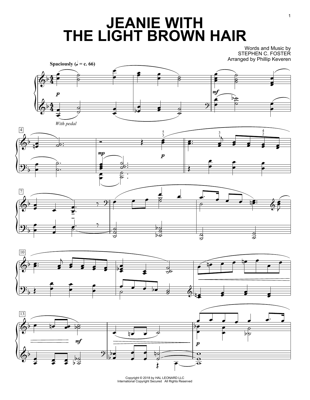 Stephen C. Foster Jeanie With The Light Brown Hair [Classical version] (arr. Phillip Keveren) sheet music notes and chords arranged for Piano Solo