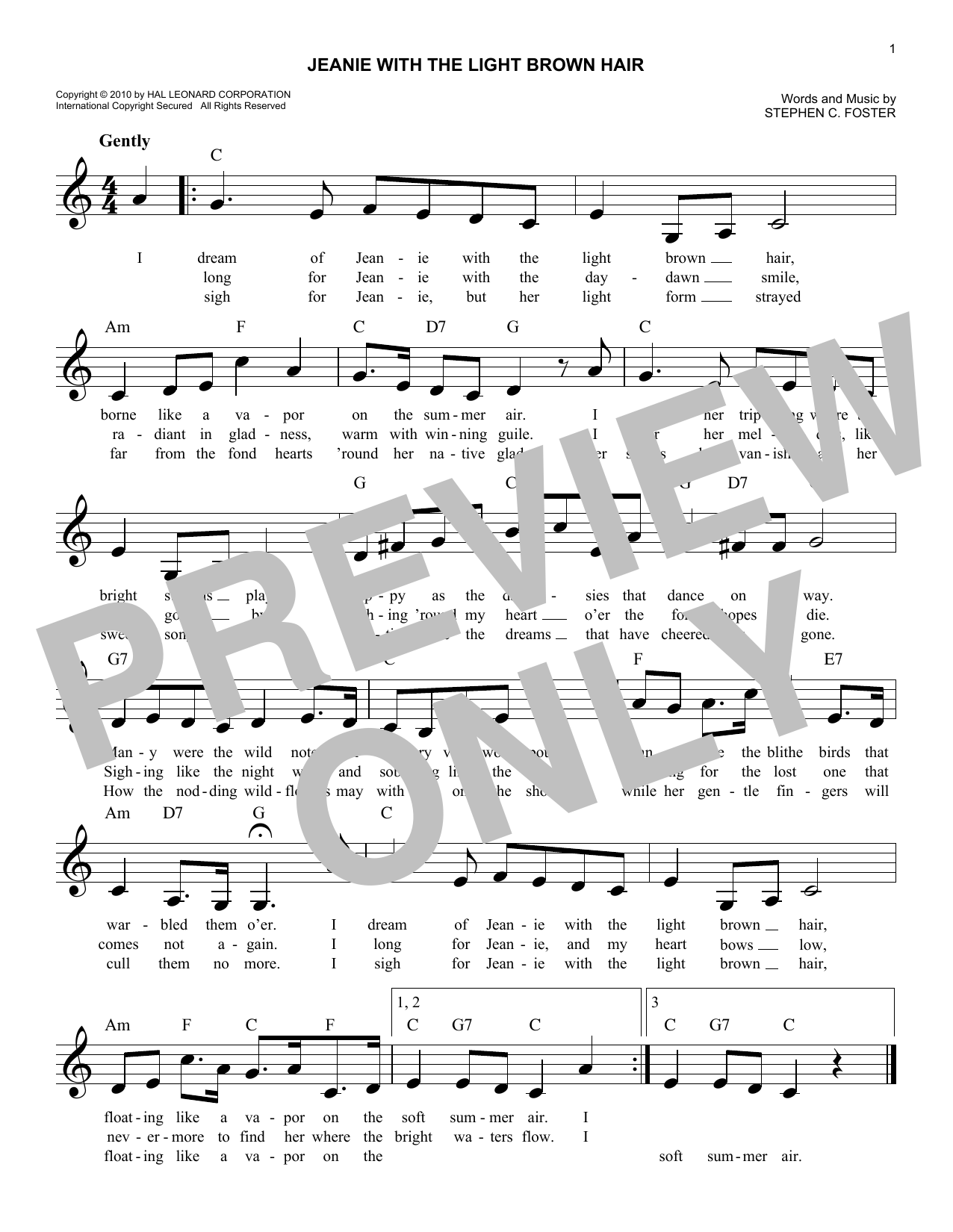 Stephen C. Foster Jeanie With The Light Brown Hair sheet music notes and chords arranged for Alto Sax Solo