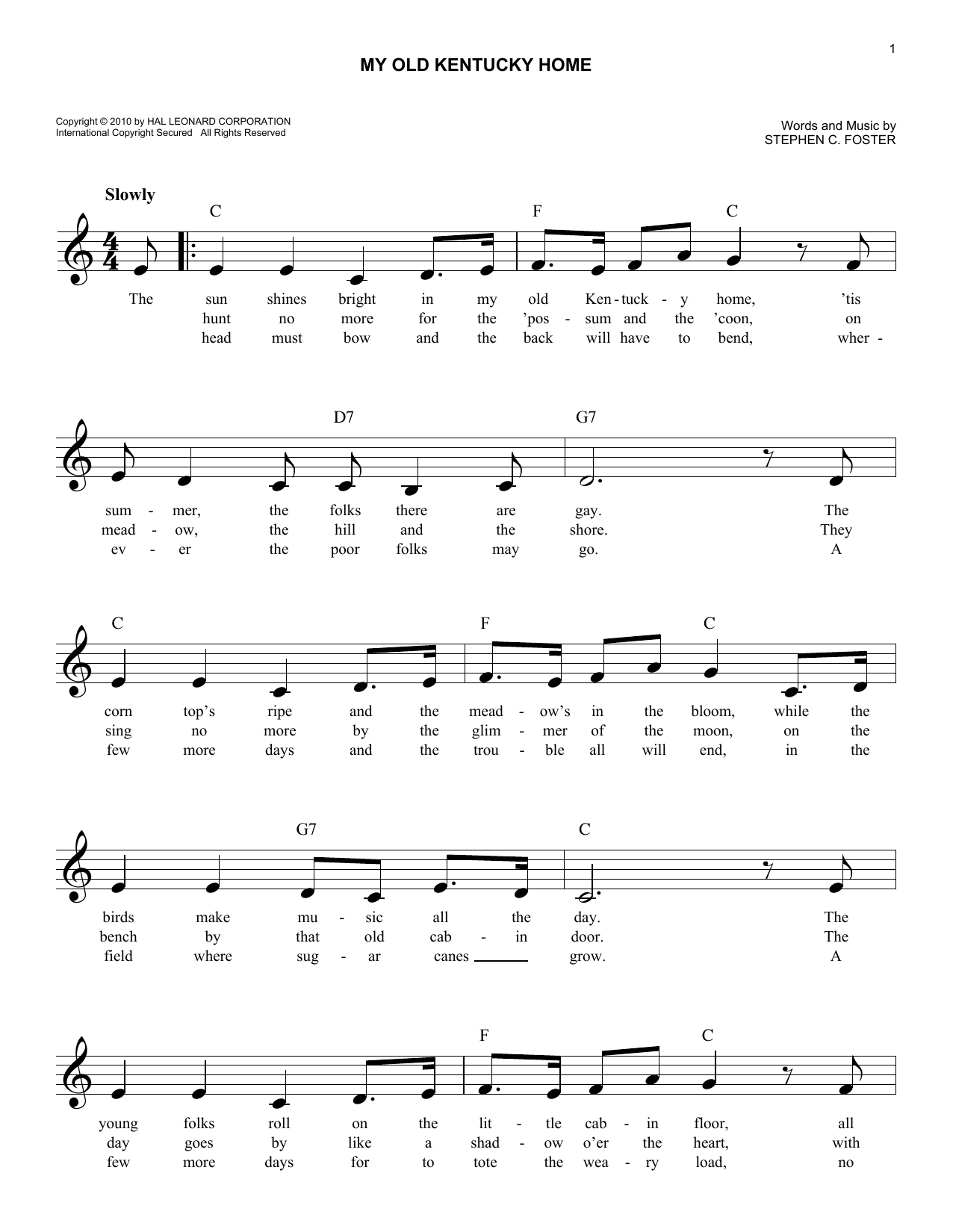 Stephen C. Foster My Old Kentucky Home sheet music notes and chords arranged for Ocarina