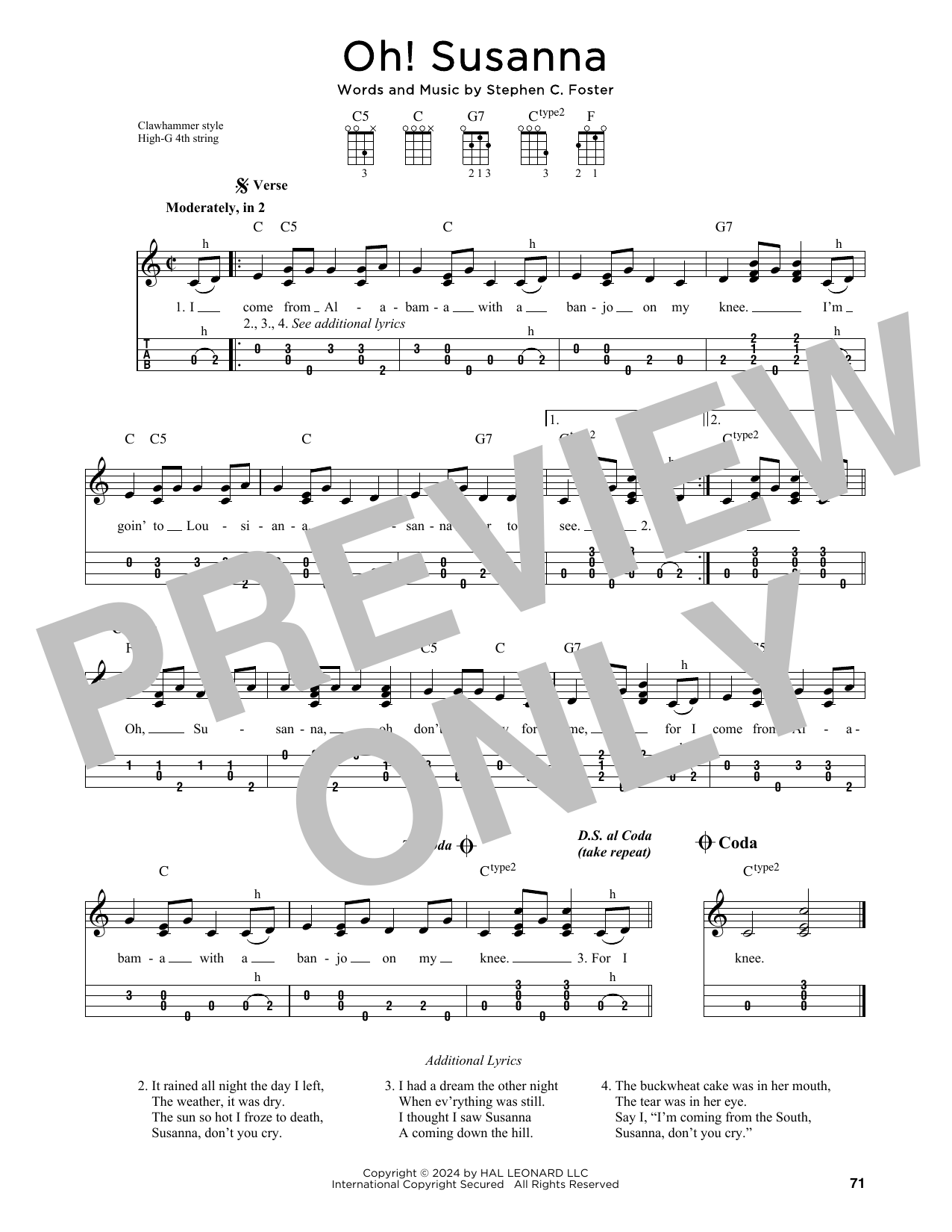 Stephen C. Foster Oh! Susanna (arr. Jim Schustedt) sheet music notes and chords arranged for Ukulele