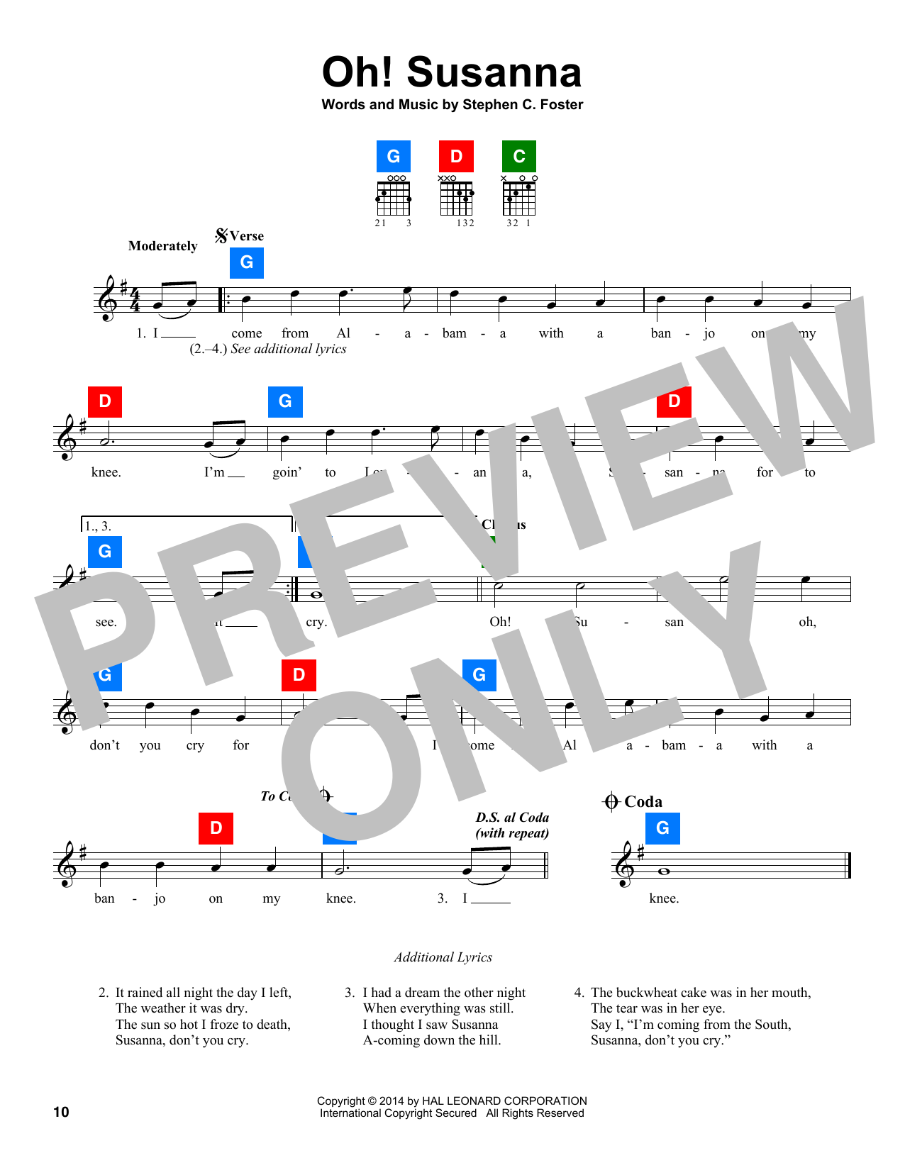 Stephen C. Foster Oh! Susanna sheet music notes and chords arranged for ChordBuddy