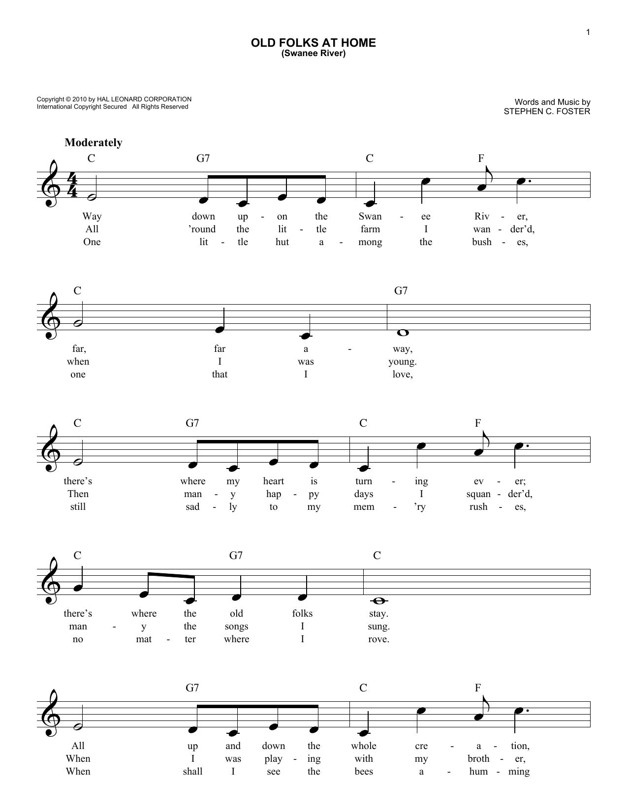 Stephen C. Foster Old Folks At Home (Swanee River) sheet music notes and chords arranged for Flute Solo