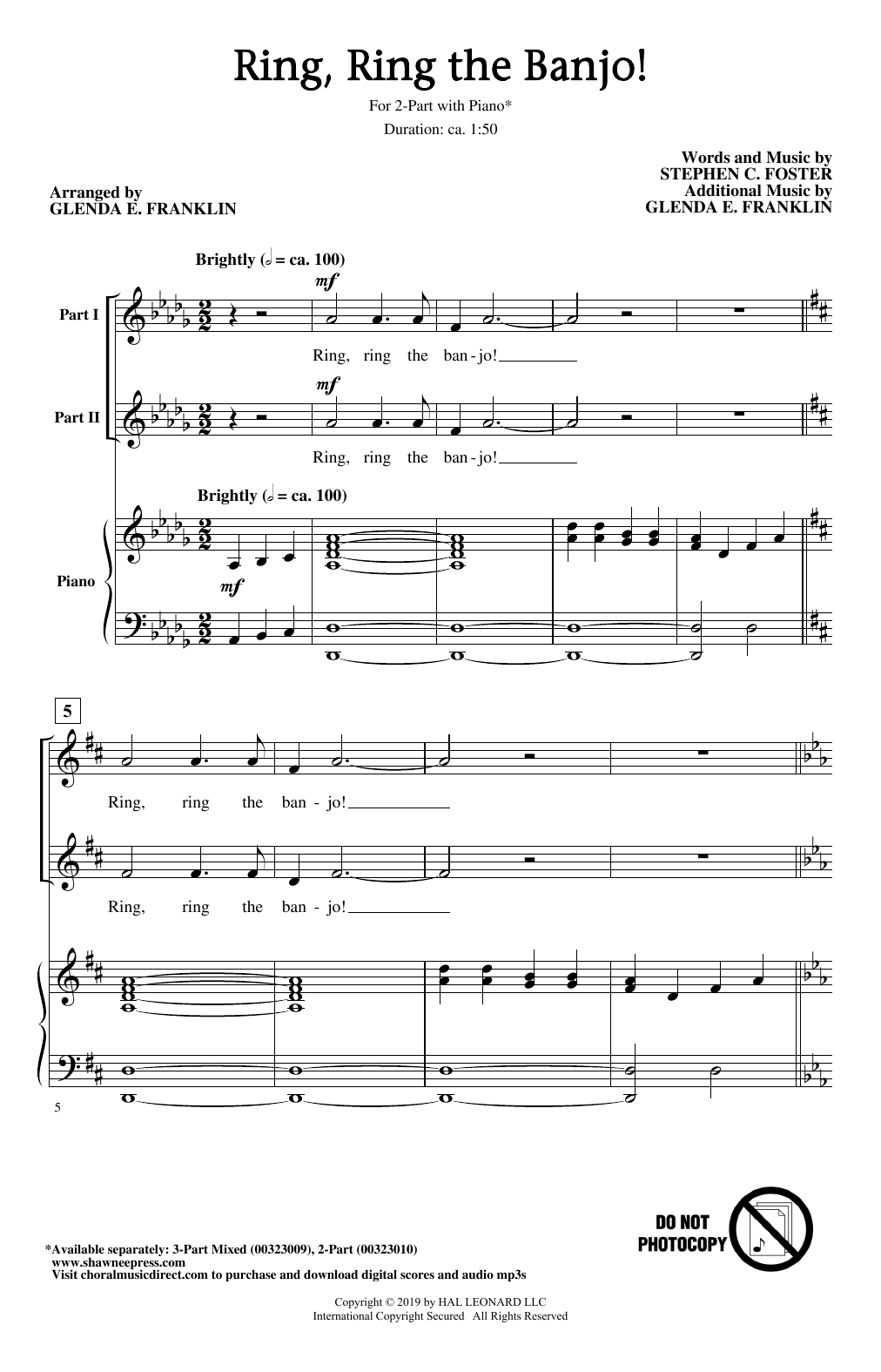 Stephen C. Foster Ring, Ring The Banjo! (arr. Glenda E. Franklin) sheet music notes and chords arranged for 2-Part Choir