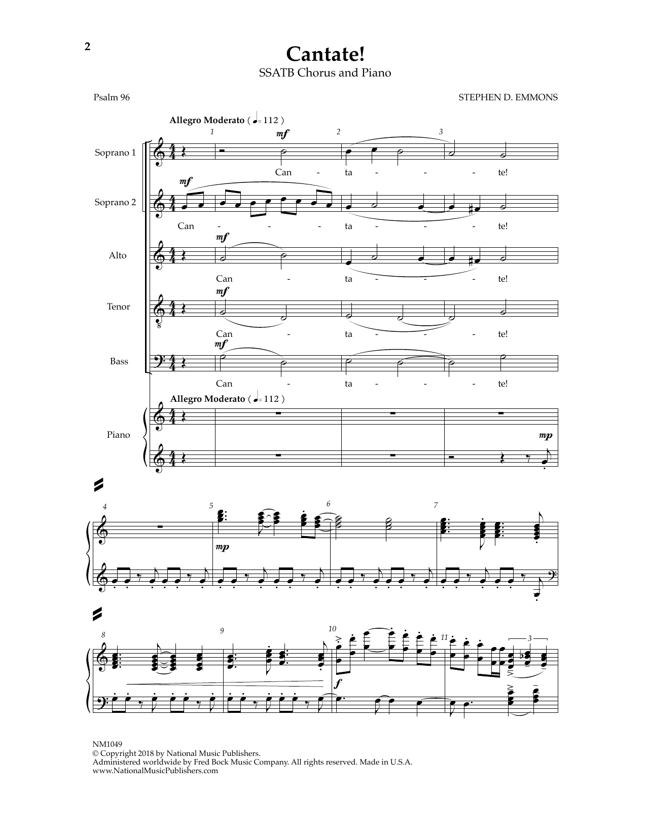 Stephen D. Emmons Cantate! sheet music notes and chords arranged for SSATB Choir