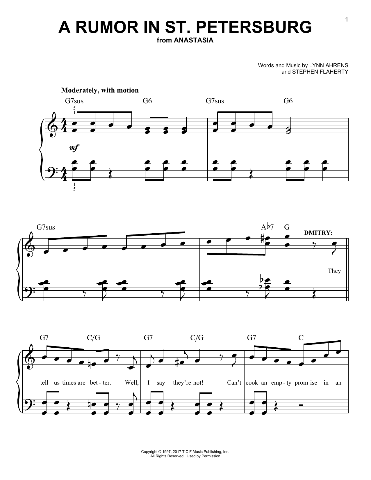 Stephen Flaherty A Rumor In St. Petersburg (from Anastasia) sheet music notes and chords arranged for Easy Piano