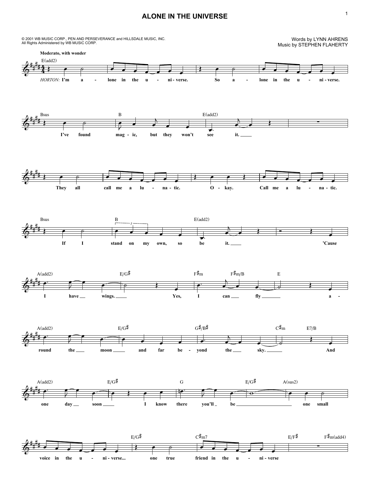 Stephen Flaherty Alone In The Universe sheet music notes and chords arranged for Lead Sheet / Fake Book