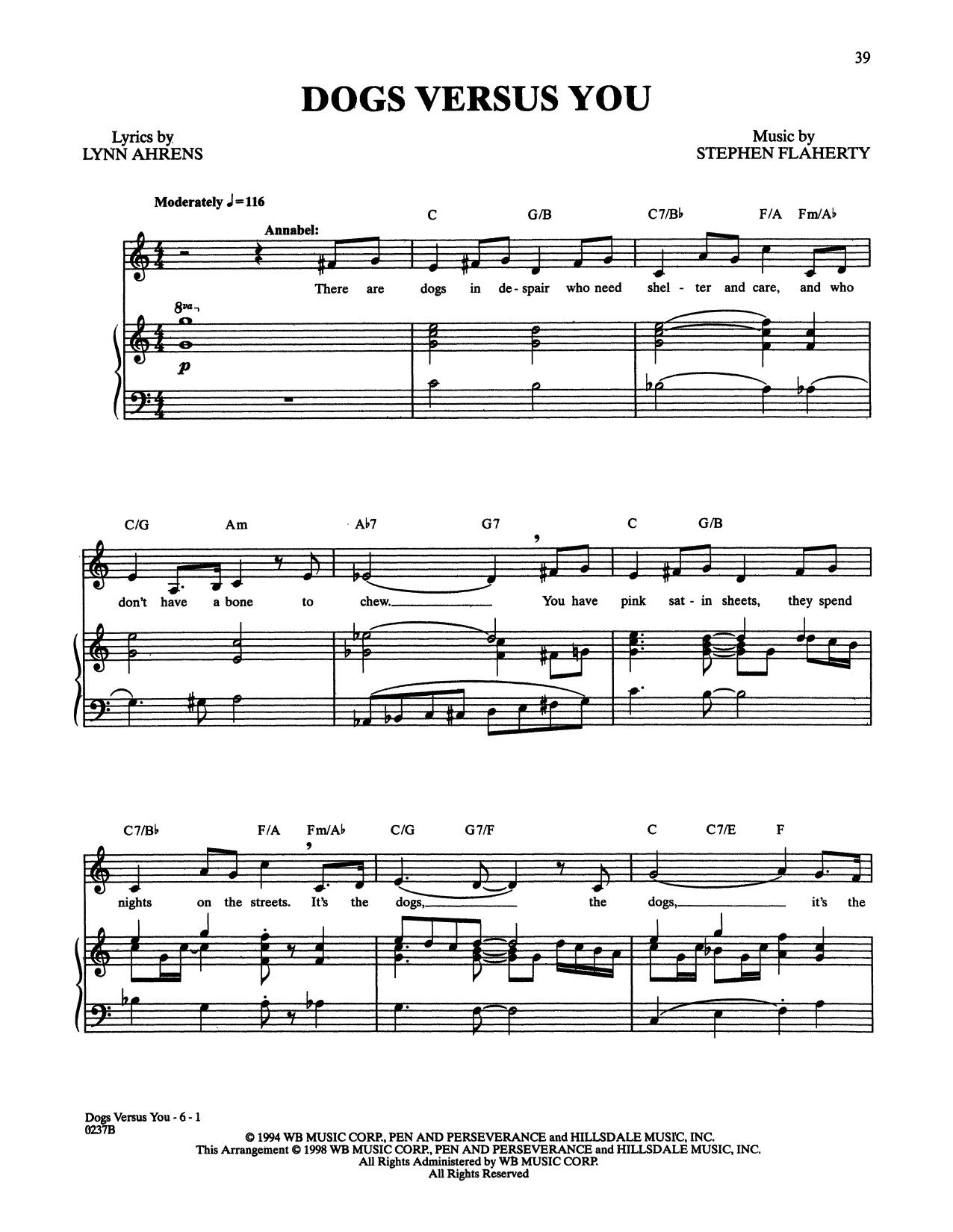 Stephen Flaherty and Lynn Ahrens Dogs Versus You (from Lucky Stiff) sheet music notes and chords arranged for Piano & Vocal