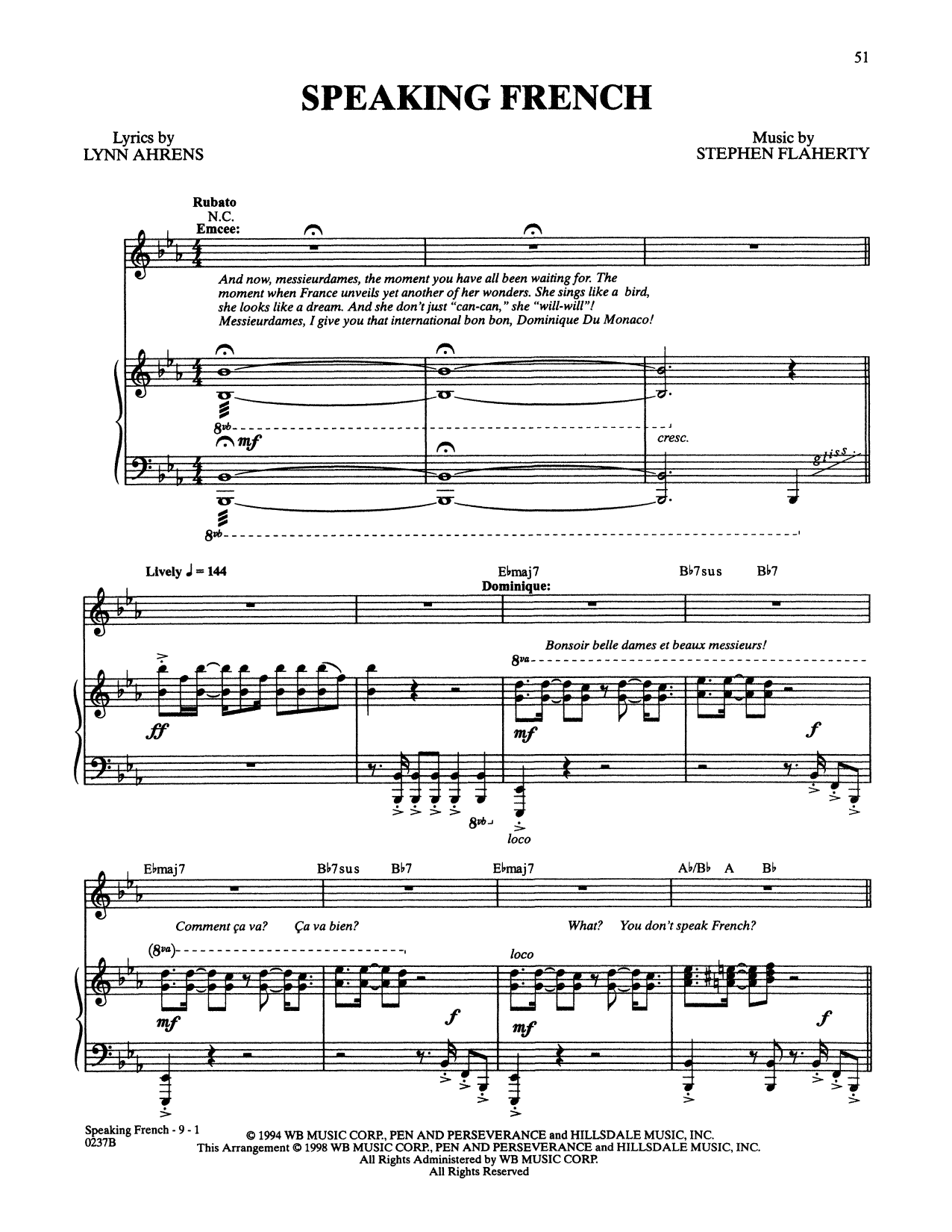 Stephen Flaherty and Lynn Ahrens Speaking French (from Lucky Stiff) sheet music notes and chords arranged for Piano & Vocal