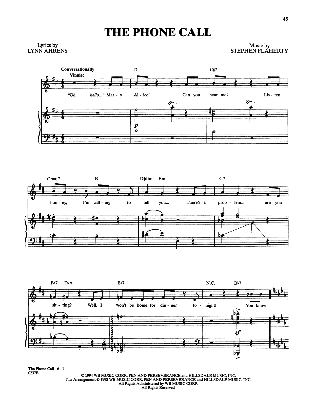 Stephen Flaherty and Lynn Ahrens The Phone Call (from Lucky Stiff) sheet music notes and chords arranged for Piano & Vocal