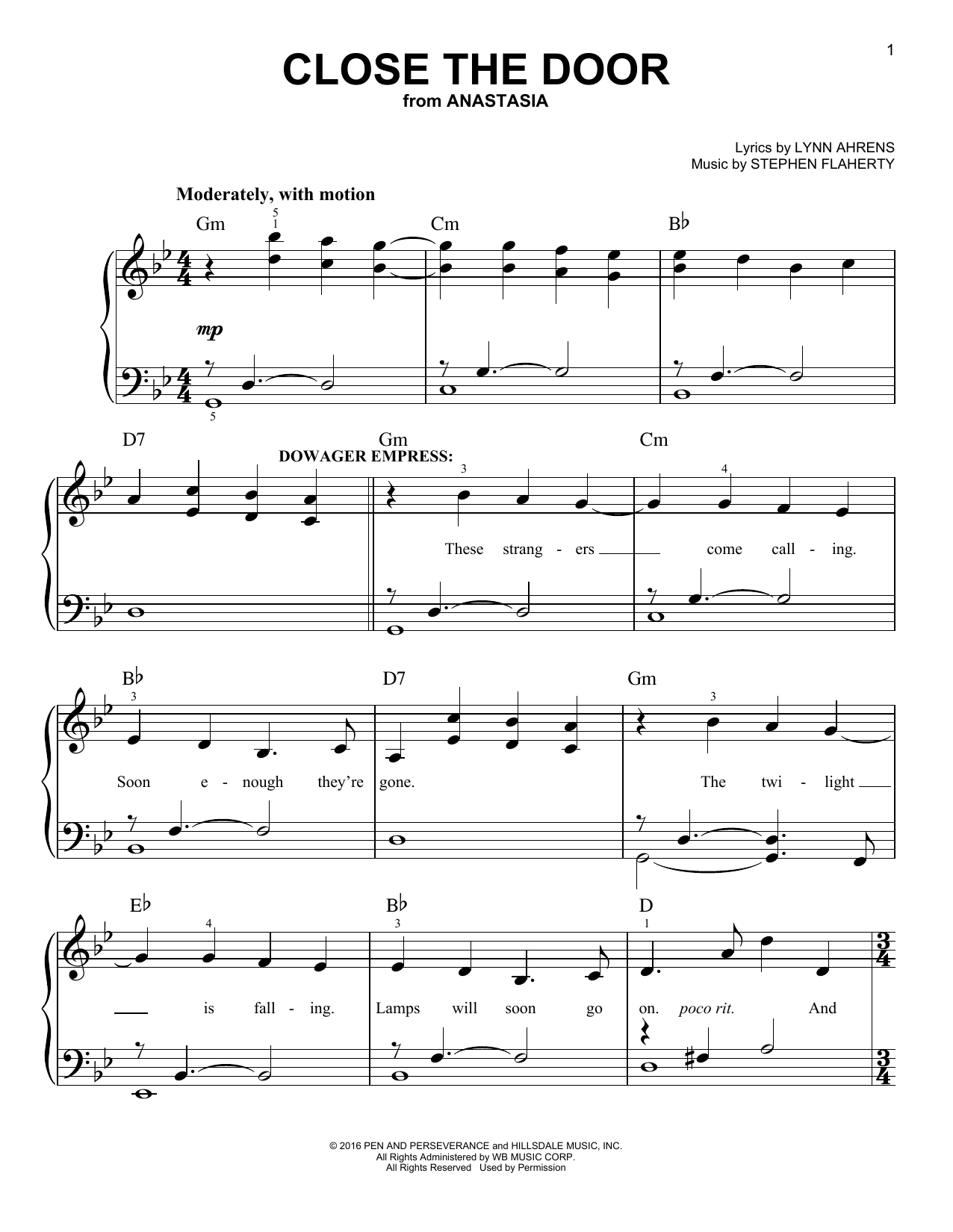 Stephen Flaherty Close The Door (from Anastasia) sheet music notes and chords arranged for Easy Piano