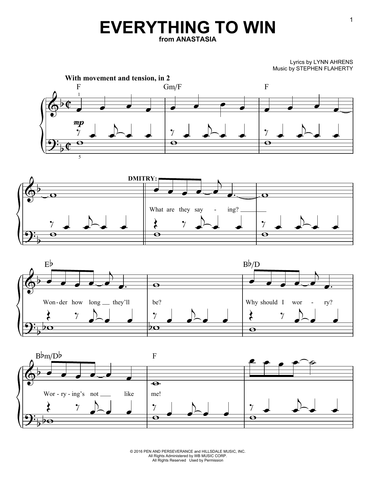 Stephen Flaherty Everything To Win (from Anastasia) sheet music notes and chords arranged for Easy Piano