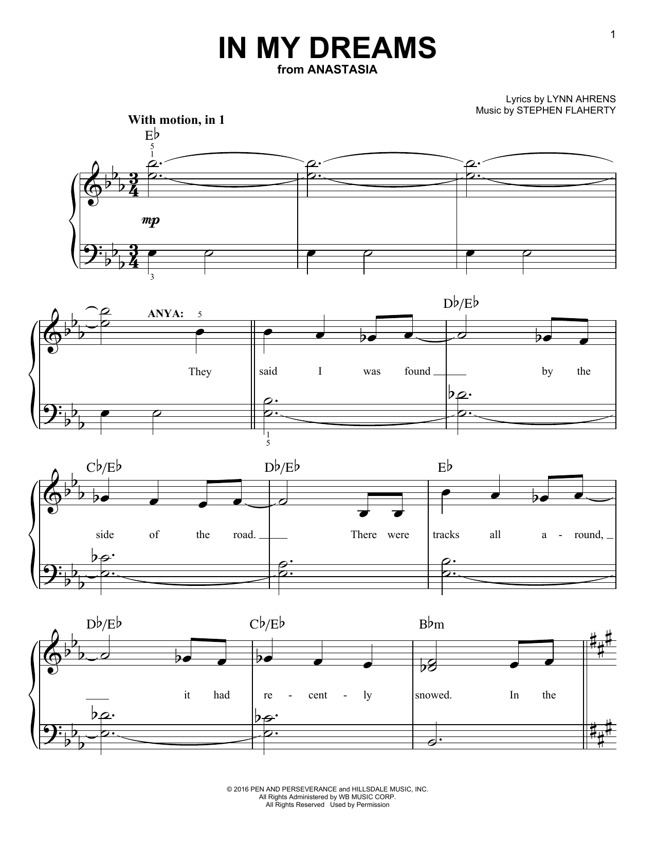 Stephen Flaherty In My Dreams (from Anastasia) sheet music notes and chords arranged for Easy Piano