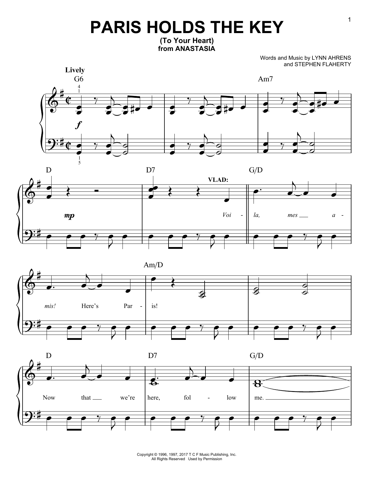 Stephen Flaherty Paris Holds The Key (To Your Heart) (from Anastasia) sheet music notes and chords arranged for Easy Piano