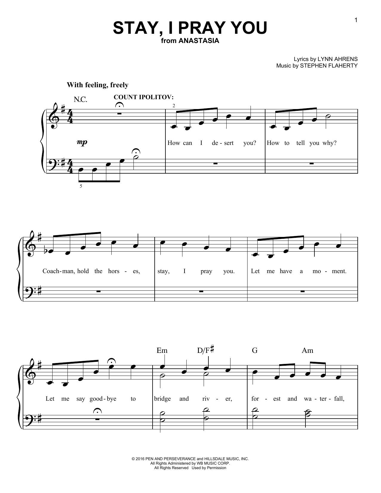 Stephen Flaherty Stay, I Pray You (from Anastasia) sheet music notes and chords arranged for Easy Piano