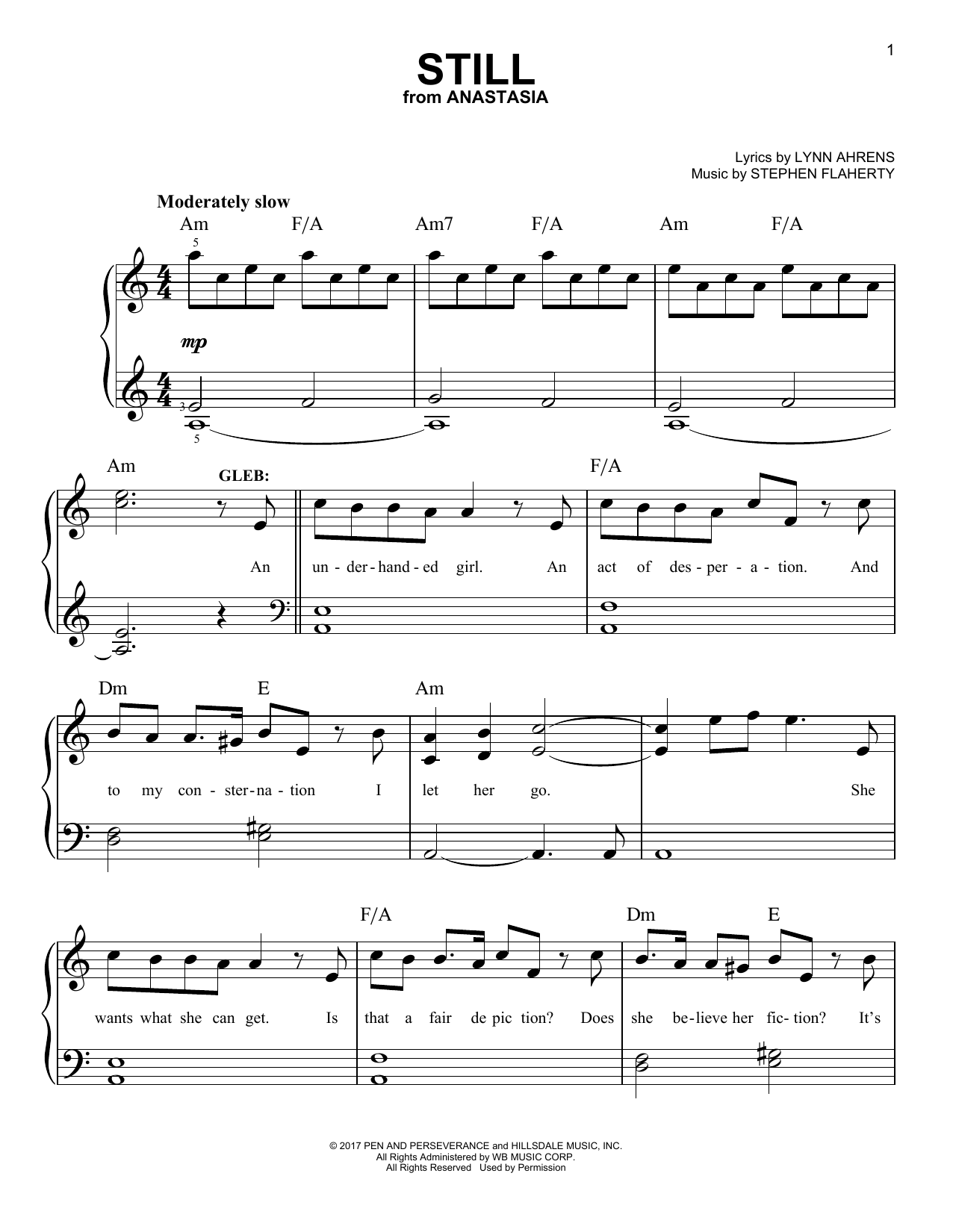 Stephen Flaherty Still (from Anastasia) sheet music notes and chords arranged for Easy Piano