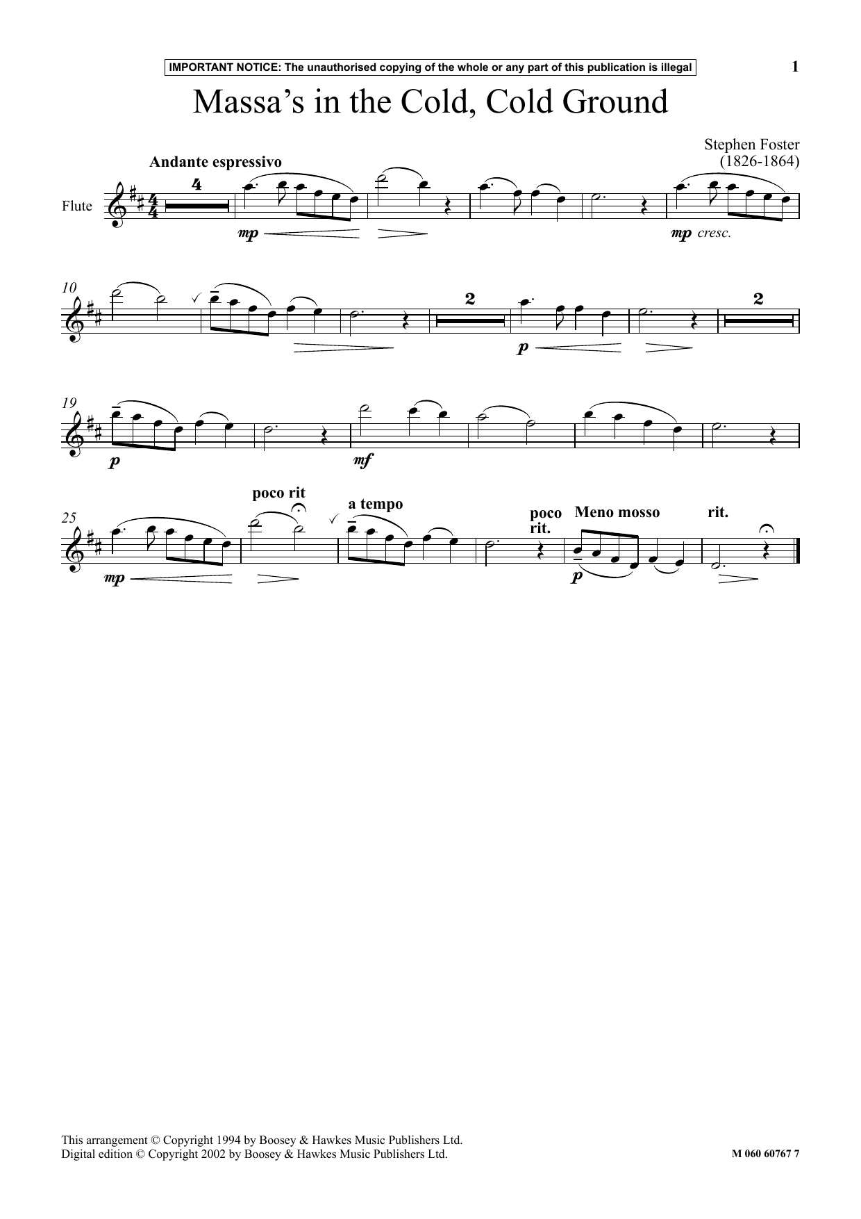 Stephen Foster Massa's In The Cold, Cold Ground sheet music notes and chords arranged for Instrumental Solo