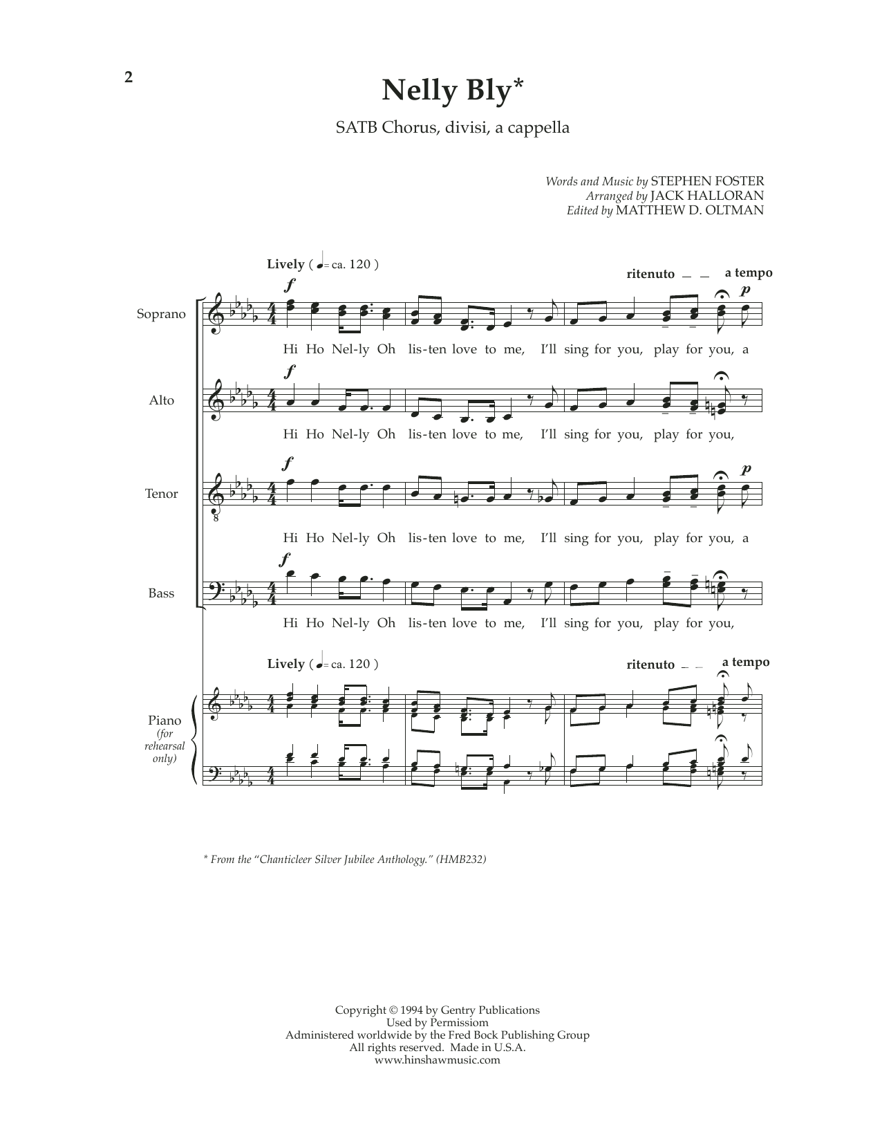 Stephen Foster Nelly Bly (arr. Jack Hallaran) sheet music notes and chords arranged for SATB Choir