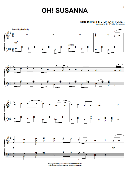 Stephen Foster Oh! Susanna (arr. Phillip Keveren) sheet music notes and chords arranged for Piano Solo