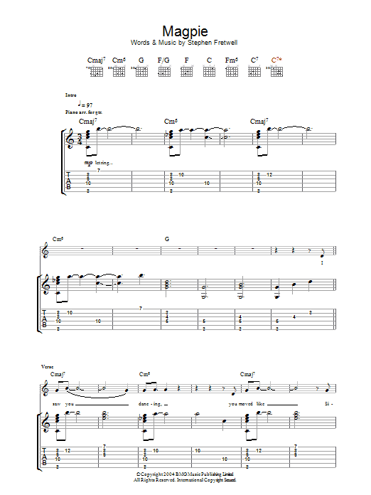 Stephen Fretwell Magpie sheet music notes and chords arranged for Guitar Tab
