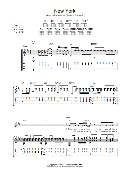 Stephen Fretwell New York sheet music notes and chords arranged for Guitar Tab