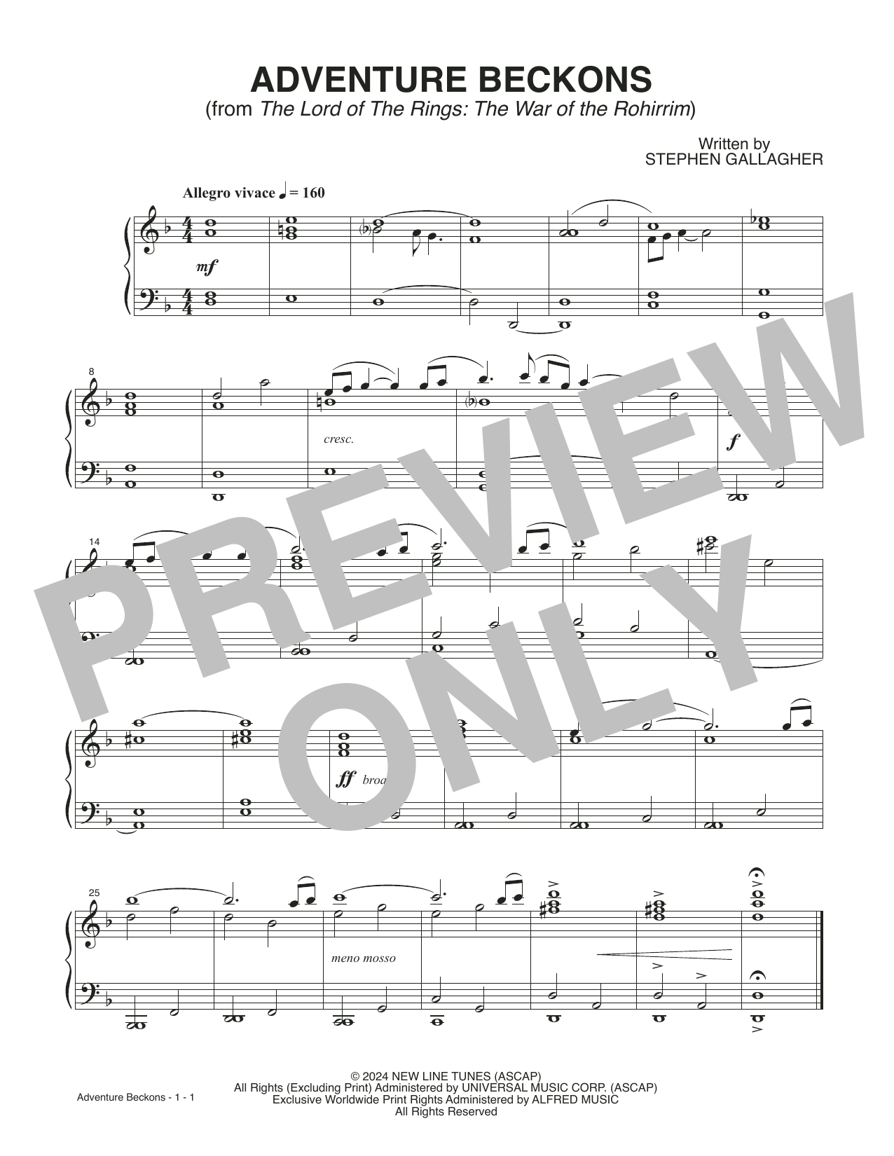 Stephen Gallagher Adventure Beckons (from The Lord Of The Rings: The War Of The Rohirrim) sheet music notes and chords arranged for Piano Solo