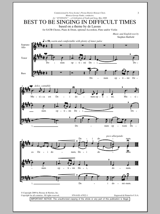 Stephen Hatfield Best To Be Singing In Difficult Times sheet music notes and chords arranged for SATB Choir