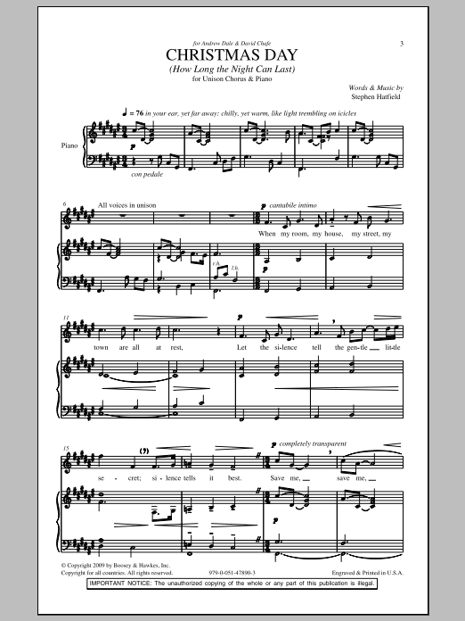 Stephen Hatfield Christmas Day (How Long The Night Can Last) sheet music notes and chords arranged for Unison Choir