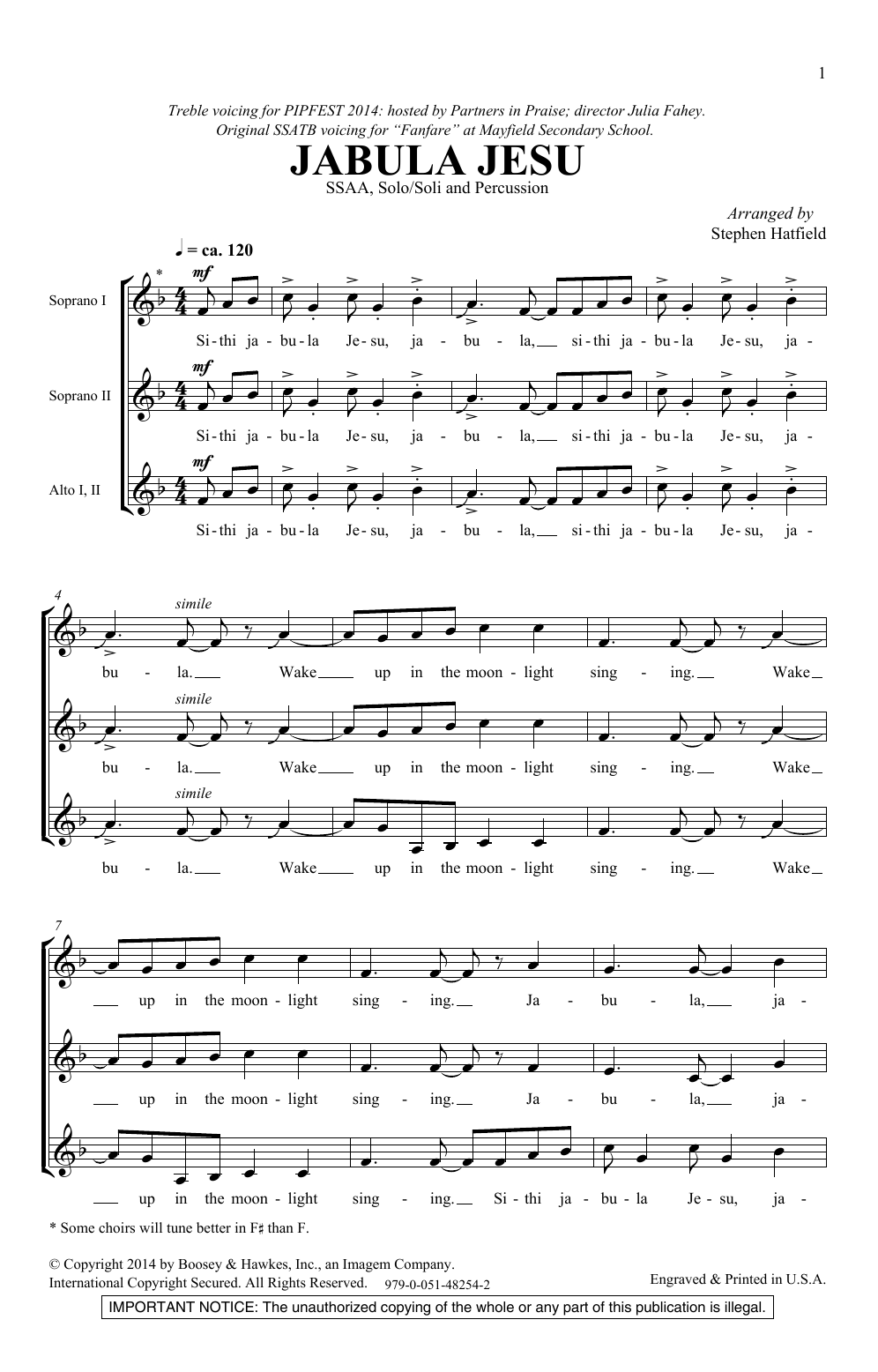 Stephen Hatfield Jabula Jesu sheet music notes and chords arranged for SSA Choir