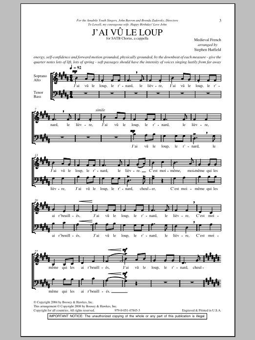 Stephen Hatfield J'ai Vu Le Loup sheet music notes and chords arranged for SATB Choir