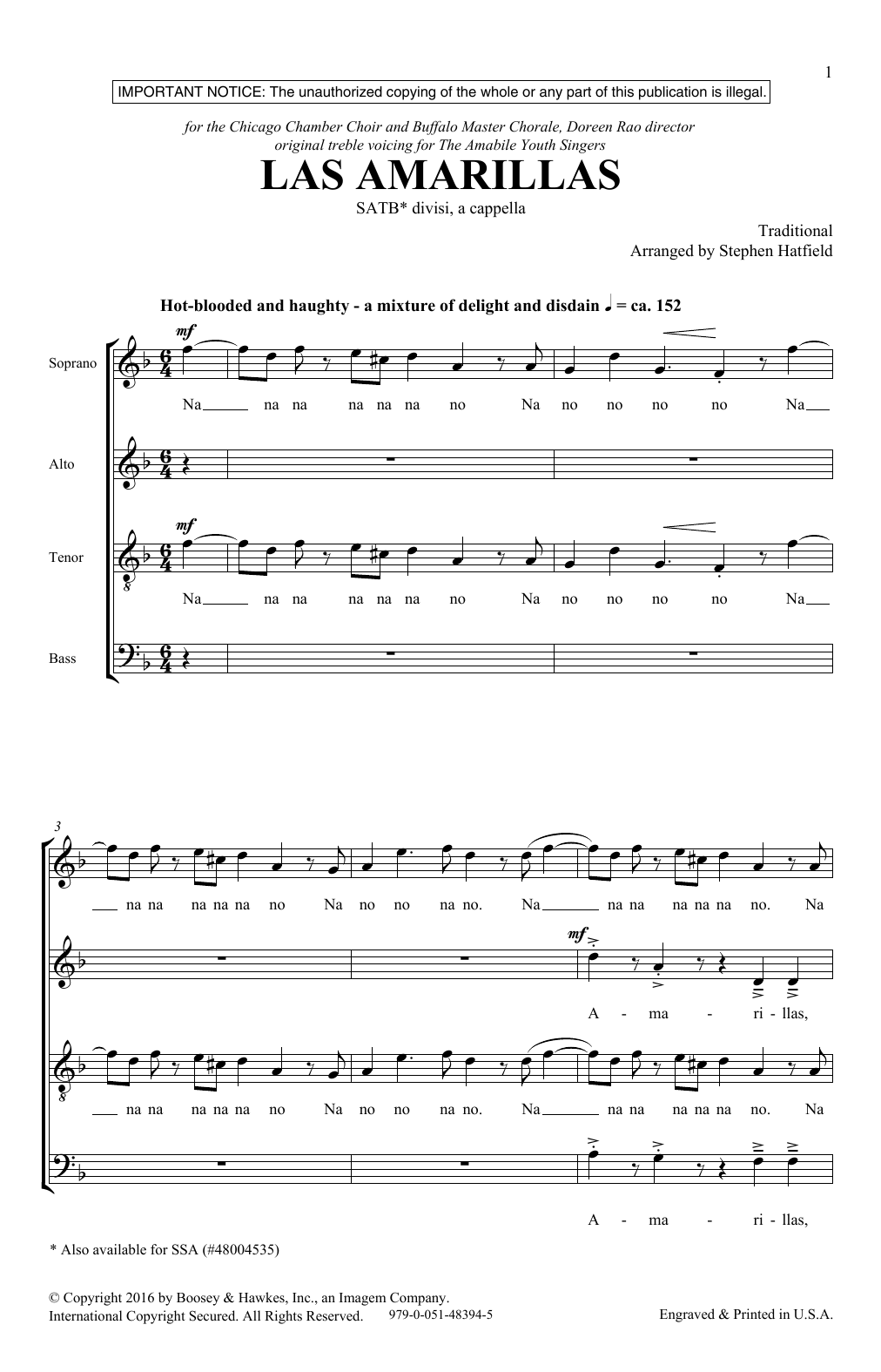 Stephen Hatfield Las Amarillas sheet music notes and chords arranged for SATB Choir