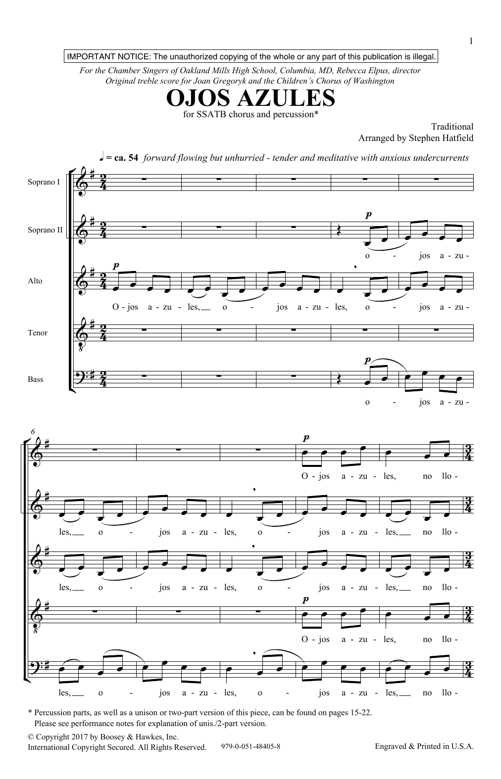 Stephen Hatfield Ojos Azulas sheet music notes and chords arranged for SATB Choir